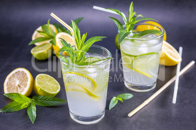 Homemade refreshing summer lemonade with mint in a glas