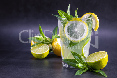 Cold refreshing summer lemonade with mint in a glass