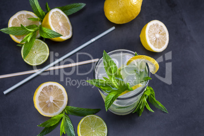Top view of fresh lemonade with mint in glasses