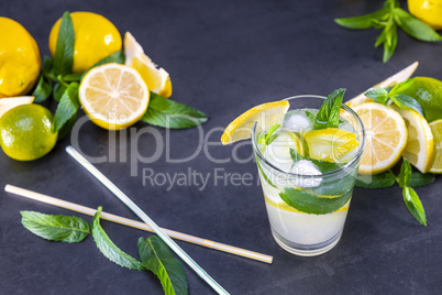 Top view of fresh lemonade with mint in glasses