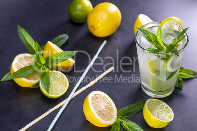 Cold refreshing summer lemonade with mint in a glass