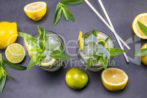 Top view of fresh lemonade with mint in glasses