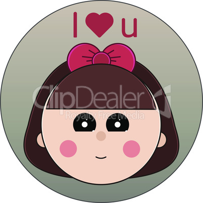 Kid face sticker isolated on white background. Girl with heart over head.