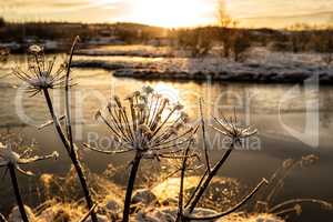 Sunset in Heidmork lake, Iceland