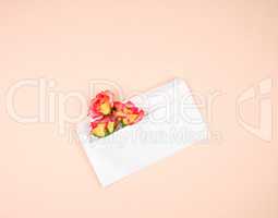 yellow rose buds and a white paper envelope on a peach backgroun