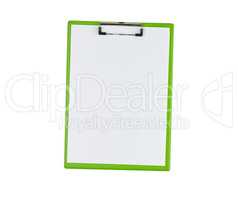 green paper holder with white blank sheets