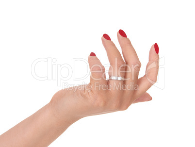 Woman's hand with red fingernails over white