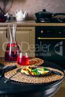 Scambled Eggs, and Water with Berries.