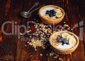 Two Bowl of Granola with Banana and Blueberry.