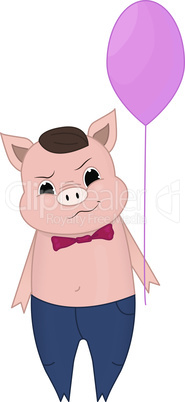 Vector illustration of Cute pig holding a balloon cartoon. Doodle, hand-drawn. Cartoon.