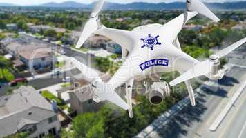 Police Unmanned Aircraft System, (UAS) Drone Flying Above Homes