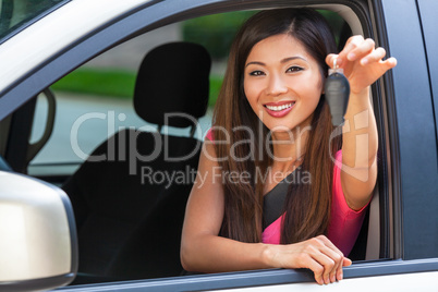 Chinese Asian Young Woman Girl Holding Key Driving Car Smiling