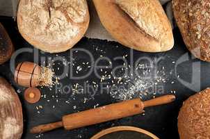 baked different loaves of bread on a black background