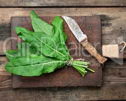 bunch of fresh green sorrel leaves and old brown cutting board