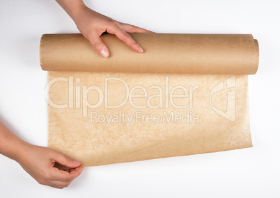roll of brown parchment paper in female hands