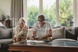 Active senior couple calculating domestic bills on sofa in living room