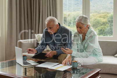 Active senior couple calculating bills in living room