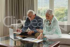 Active senior couple calculating bills in living room