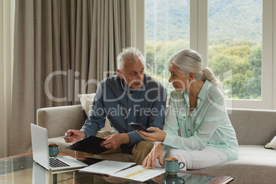 Active senior couple calculating bills in living room