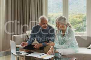 Active senior couple calculating bills in living room