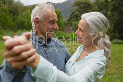 Active senior couple dancing together in the garden