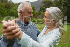 Active senior couple dancing together in the garden