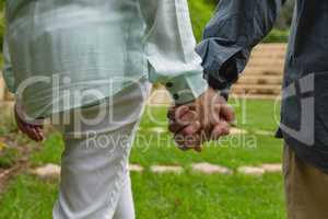 Active senior couple standing together hand in hand at garden