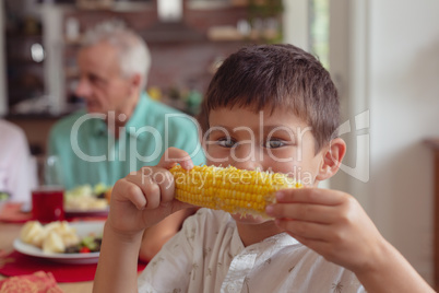Boy holding maize at dining table at home