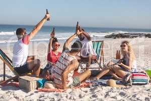 Group of friends toasting glasses of beer on the beach