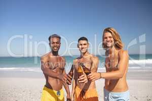 Male friends toasting beer bottles on the beach