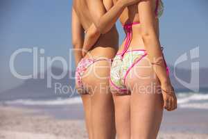 Female friends in bikini standing together on the beach
