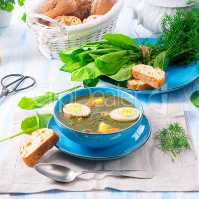 Sorrel soup with potatoes and egg