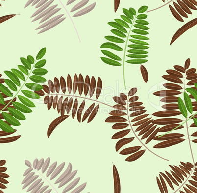 Autumn acacia leaf seamless pattern. Soft pastel light green background and bench with green, broun and yellow leaves