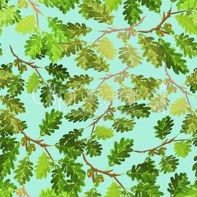 Oak branches with leaf and acorn seamless pattern with blue sky background