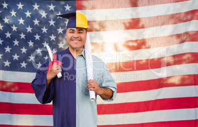 Split Screen Male Hispanic Graduate In Cap and Gown to Engineer