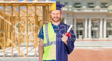 Split Screen Male Graduate In Cap and Gown to Engineer in Hard Hat