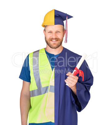 Split Screen Male Graduate In Cap and Gown to Engineer in Hard Hat