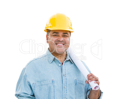 Hispanic Male Contractor In Hard Hat with Blueprint Plans Isolated