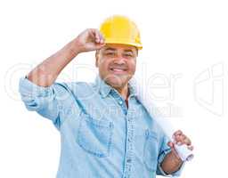 Hispanic Male Contractor In Hard Hat with Blueprint Plans Isolated