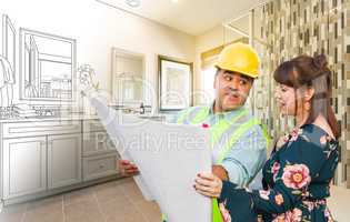 Hispanic Male Contractor Talking with Female Client Over Blueprint