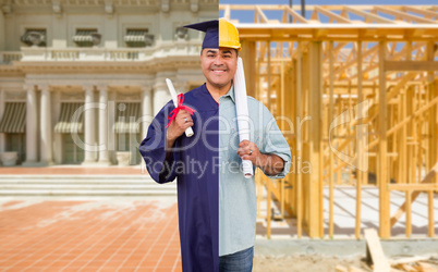 Split Screen Male Hispanic Graduate In Cap and Gown to Engineer