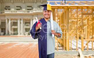 Split Screen Male Hispanic Graduate In Cap and Gown to Engineer
