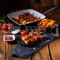 marinated kebab skewers with meat and vegetables