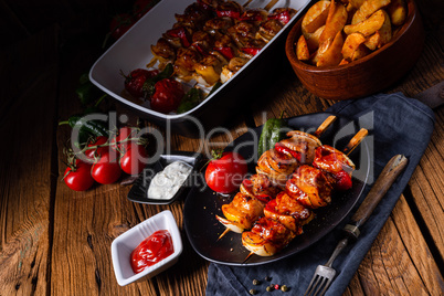 marinated kebab skewers with meat and vegetables