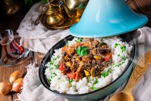 Tajin beef stew with rice paprika and sesame seeds