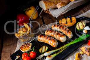 Delicious  grilled sausage with various grilled vegetables