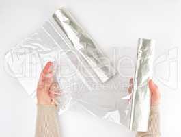Plastic food wrap for baking products in the oven in women's han