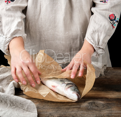female hands are wrapped in paper whole sea bass fish