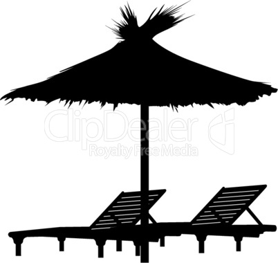 Deckchair umbrella summer beach holiday symbol silhouette icon. Chaise longue, parasol isolated. Sunbath beach resort symbol of the holidays