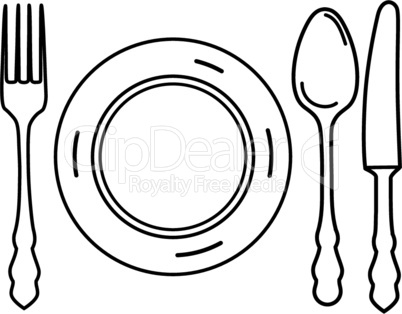 Cutlery set. Plate, fork, knife, spoon icon design elements. Line art eating symbol set.